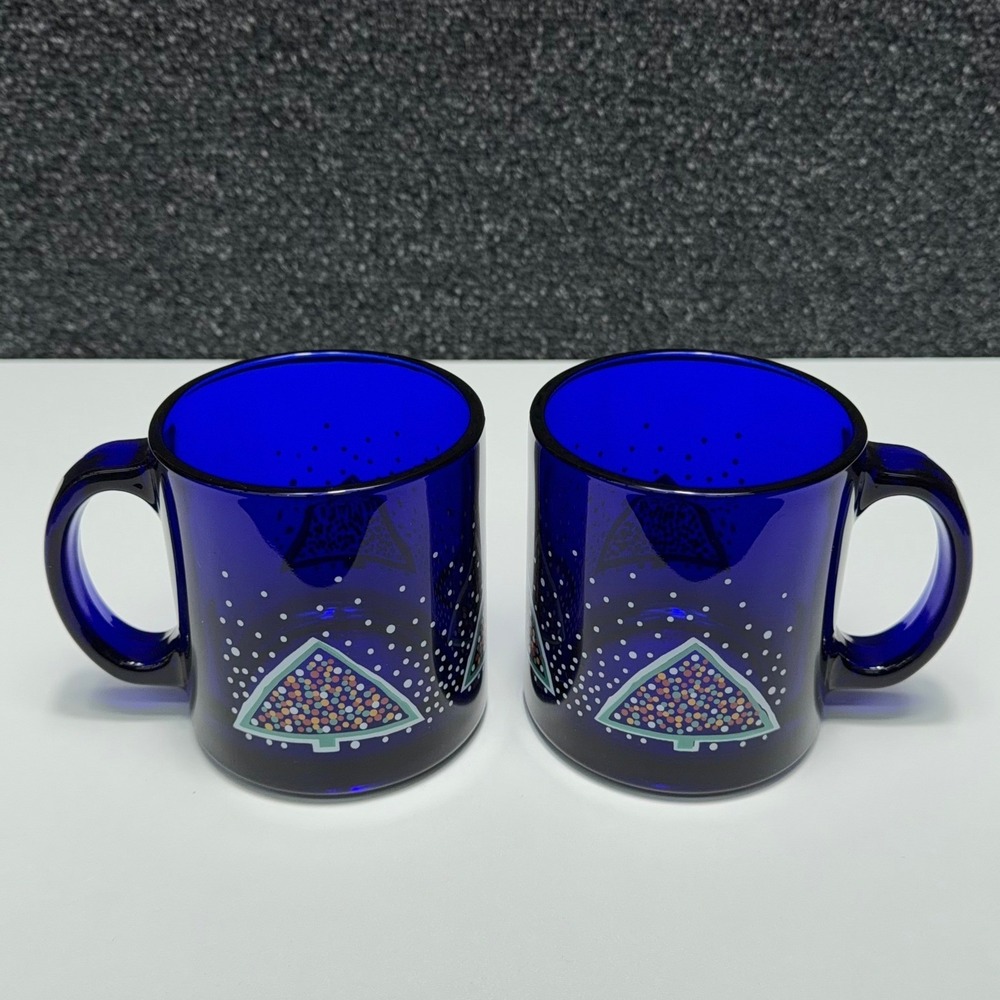 Set of 2 Cobalt Blue Glass Christmas Tree Mugs Holiday Coffee Cups Snow Design